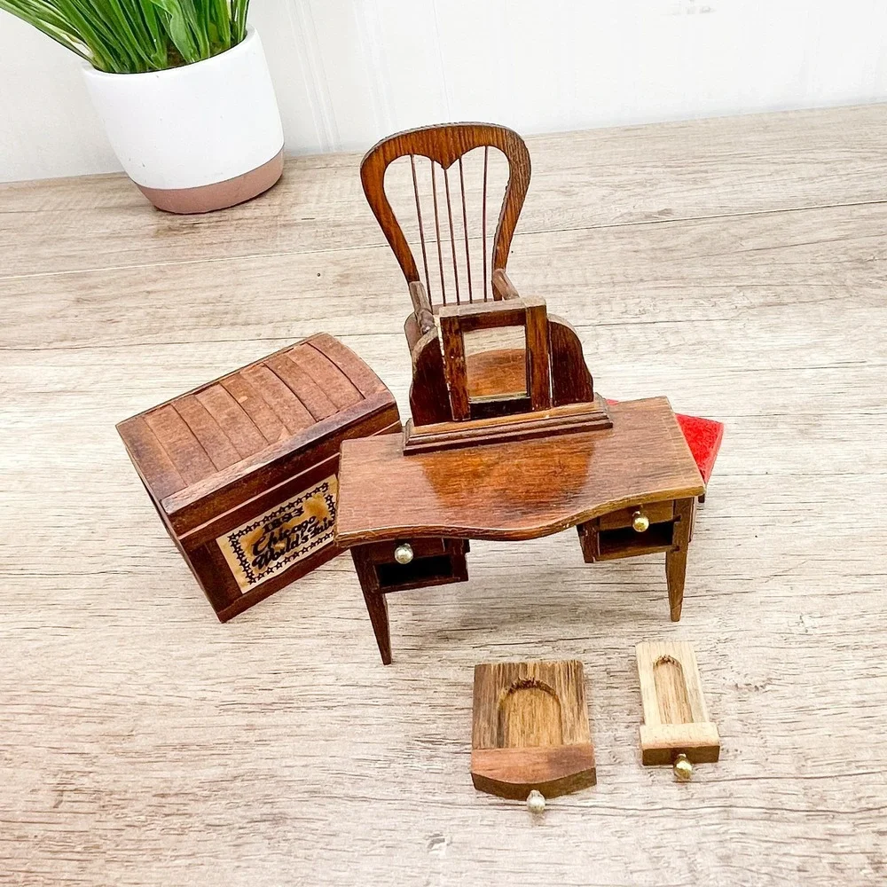 Miniature wooden‎ dollhouse Vanity with Mirror & Stool, Chest, & Rocking Chair